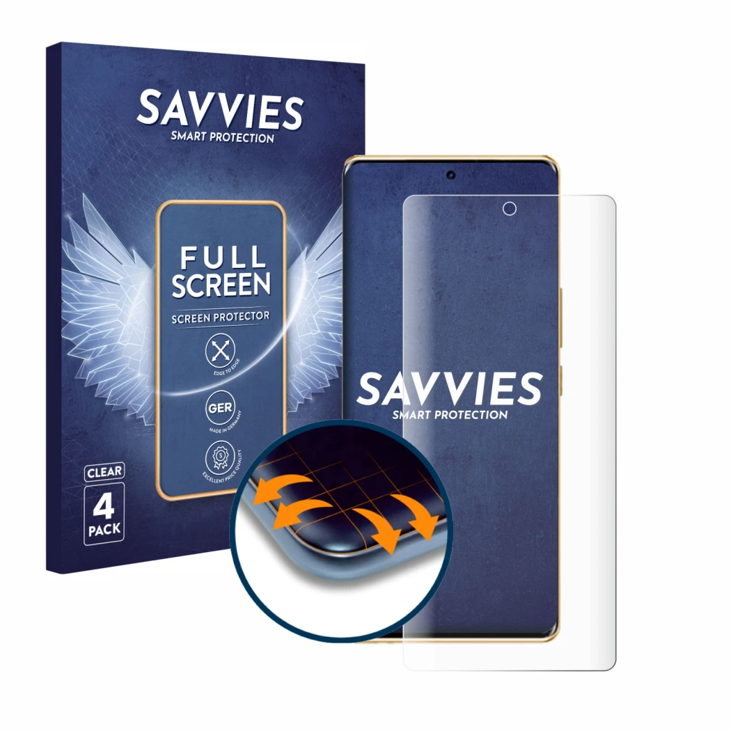 Face avant d’un emballage produit avec le logo de la marque Savvies. À côté, l’appareil Infinix Note 40 Pro est représenté ave