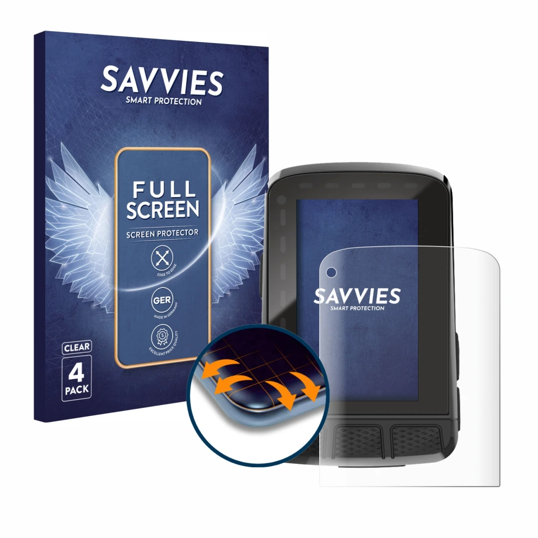 Face avant d’un emballage produit avec le logo de la marque Savvies. À côté, l’appareil Wahoo Elemnt Roam V2 GPS est représent