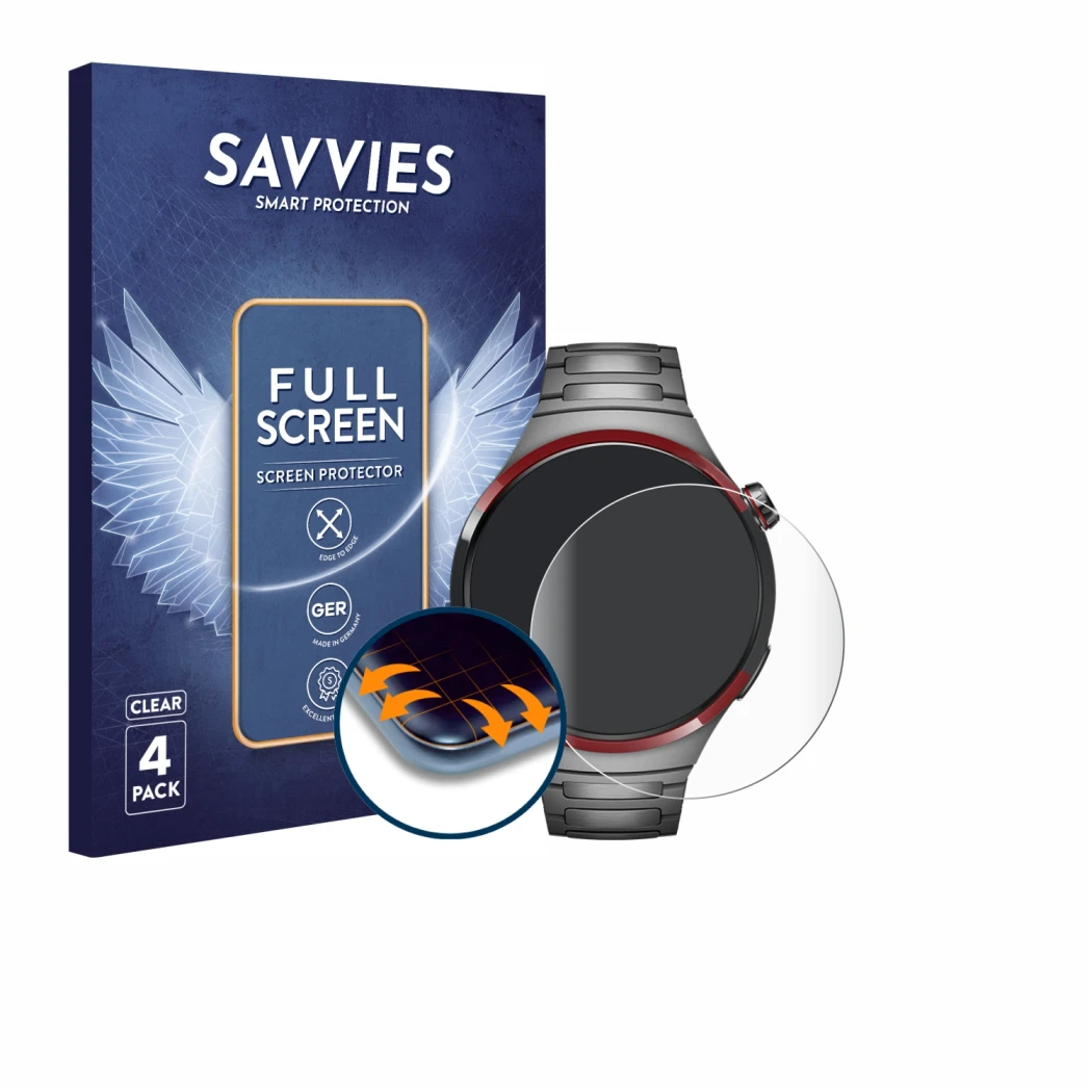 Face avant d’un emballage produit avec le logo de la marque Savvies. À côté, l’appareil Huawei Watch 4 Pro Space Edition est r