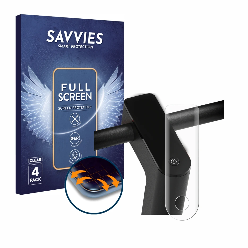 Face avant d’un emballage produit avec le logo de la marque Savvies. À côté, l’appareil Xiaomi Mi 4 Pro (2e Gen.) est représen