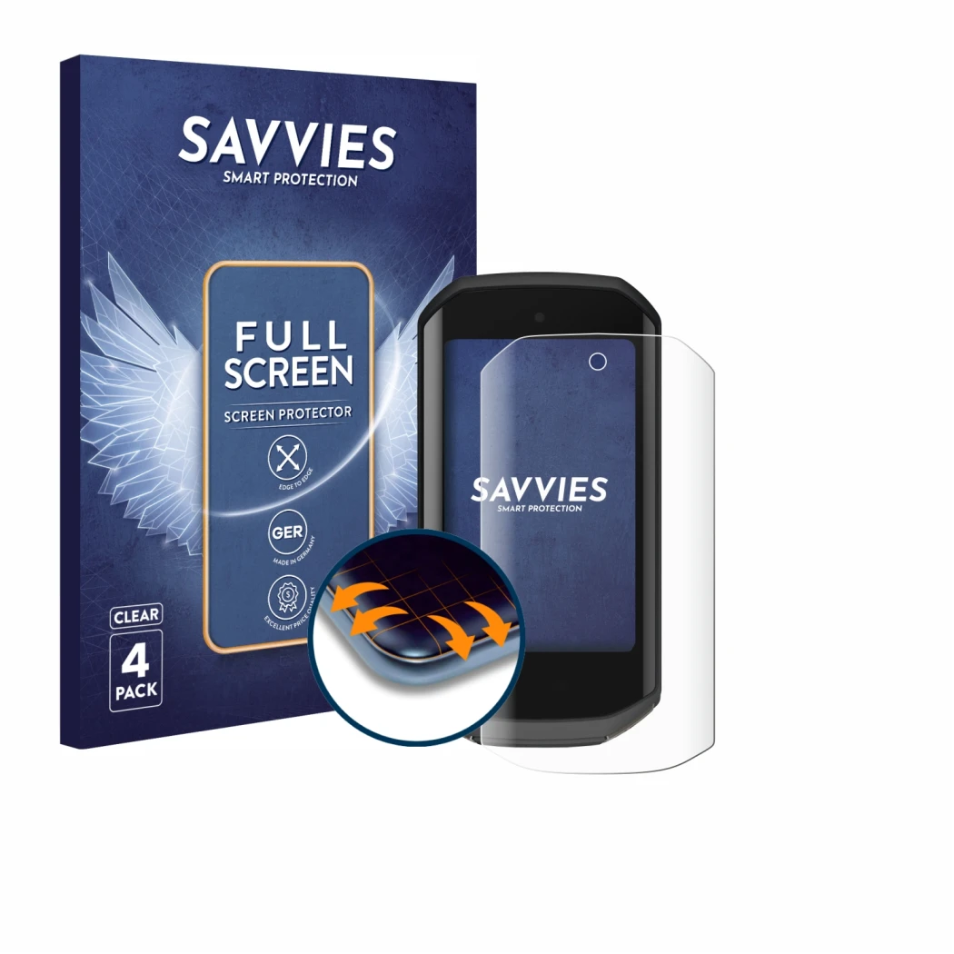 Face avant d’un emballage produit avec le logo de la marque Savvies. À côté, l’appareil Garmin Edge 1050 est représenté avec l