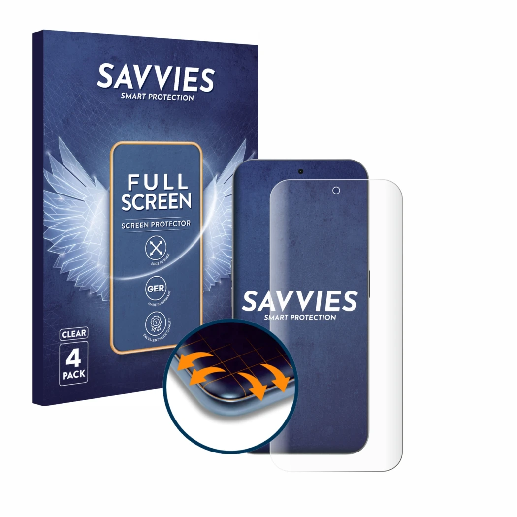 Face avant d’un emballage produit avec le logo de la marque Savvies. À côté, l’appareil Nothing Phone (2a) Plus est représenté