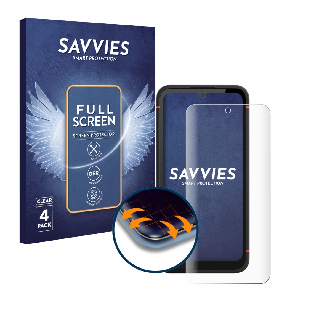 Face avant d’un emballage produit avec le logo de la marque Savvies. À côté, l’appareil Gigaset GX4 Pro est représenté avec la