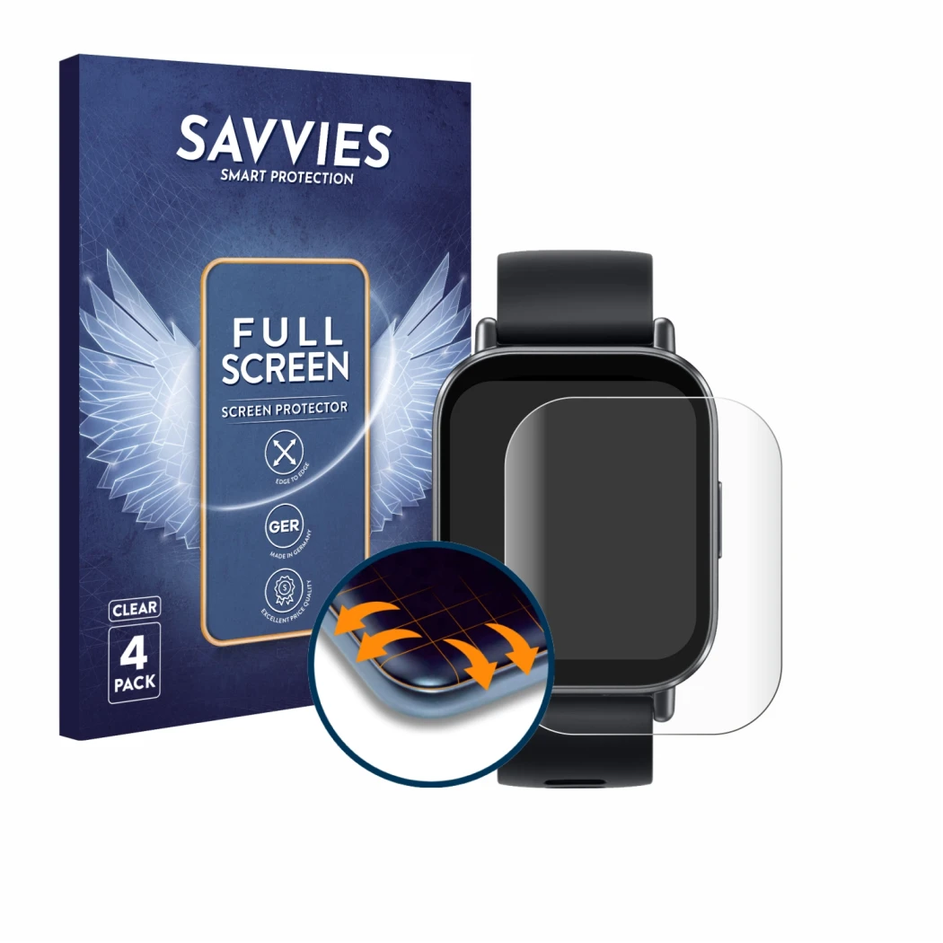 Face avant d’un emballage produit avec le logo de la marque Savvies. À côté, l’appareil Xiaomi Redmi Watch 5 Active est représ