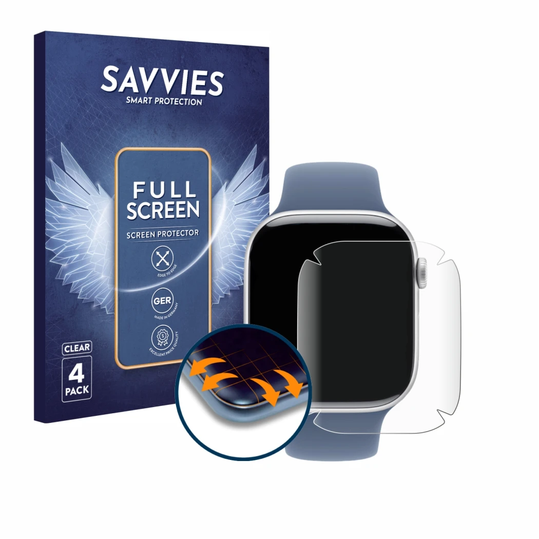 Face avant d’un emballage produit avec le logo de la marque Savvies. À côté, l’appareil Apple Watch Series 10 (46 mm) est repr