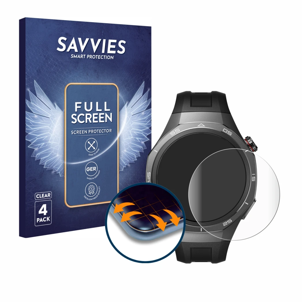 Face avant d’un emballage produit avec le logo de la marque Savvies. À côté, l’appareil Huawei Watch GT 5 Pro (46 mm) est repr