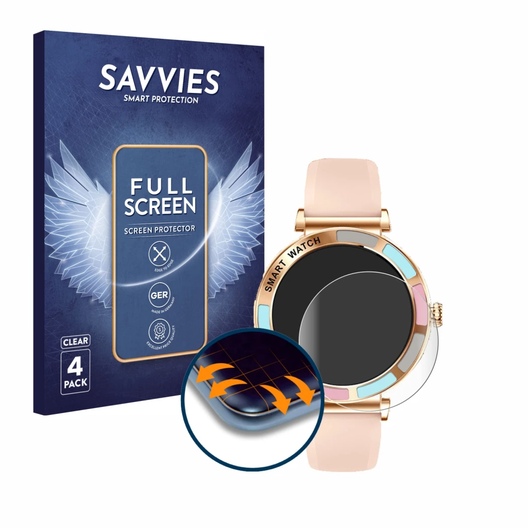 Face avant d’un emballage produit avec le logo de la marque Savvies. À côté, l’appareil Bekomiya Smartwatch 1.27