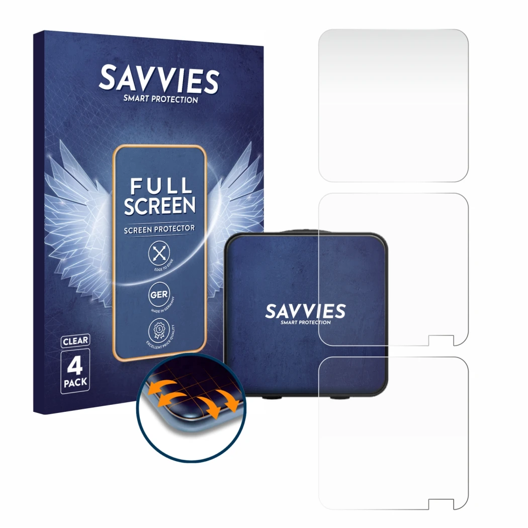 Face avant d’un emballage produit avec le logo de la marque Savvies. À côté, l’appareil Rode Wireless Pro est représenté avec 