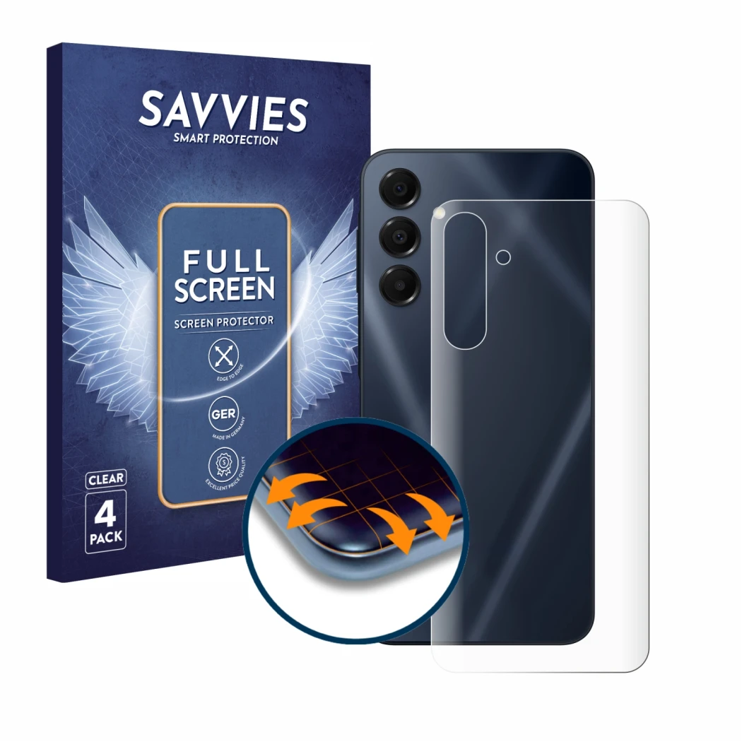 Face avant d’un emballage produit avec le logo de la marque Savvies. À côté, l’appareil Samsung Galaxy A16 5G (Arrière) est re