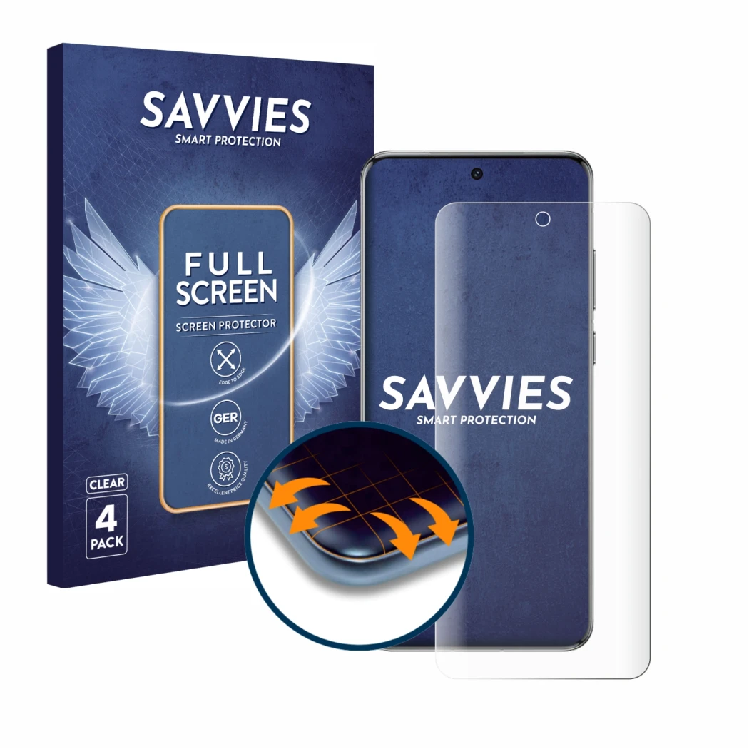 Face avant d’un emballage produit avec le logo de la marque Savvies. À côté, l’appareil Vivo X200 est représenté avec la prote
