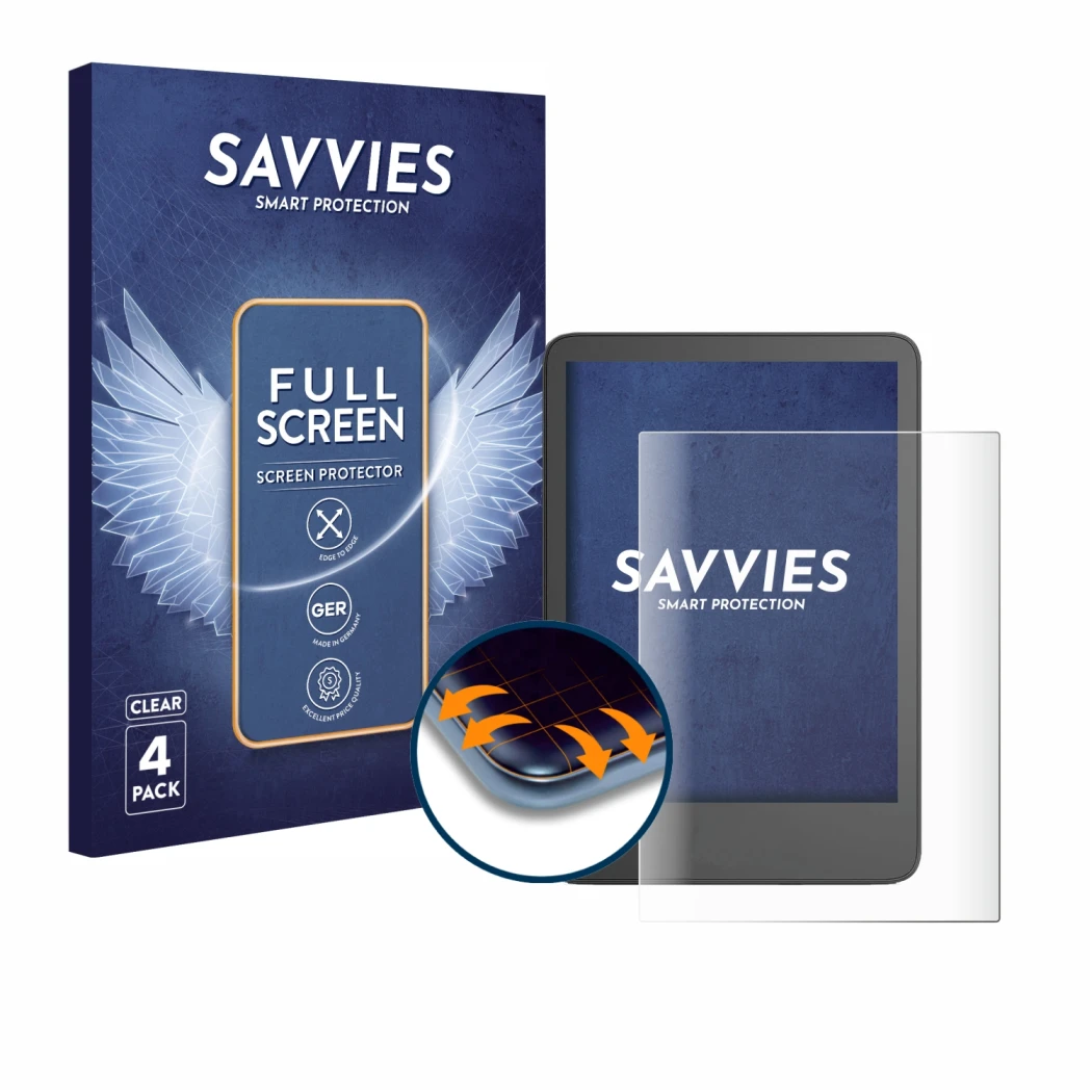 Face avant d’un emballage produit avec le logo de la marque Savvies. À côté, l’appareil Amazon Kindle 2024 est représenté avec