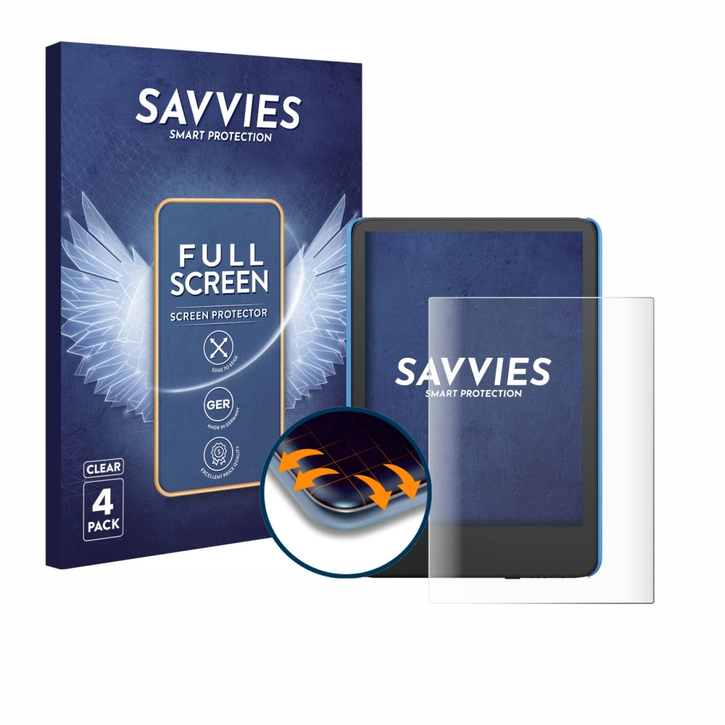 Face avant d’un emballage produit avec le logo de la marque Savvies. À côté, l’appareil Amazon Kindle Kids (2024) est représen