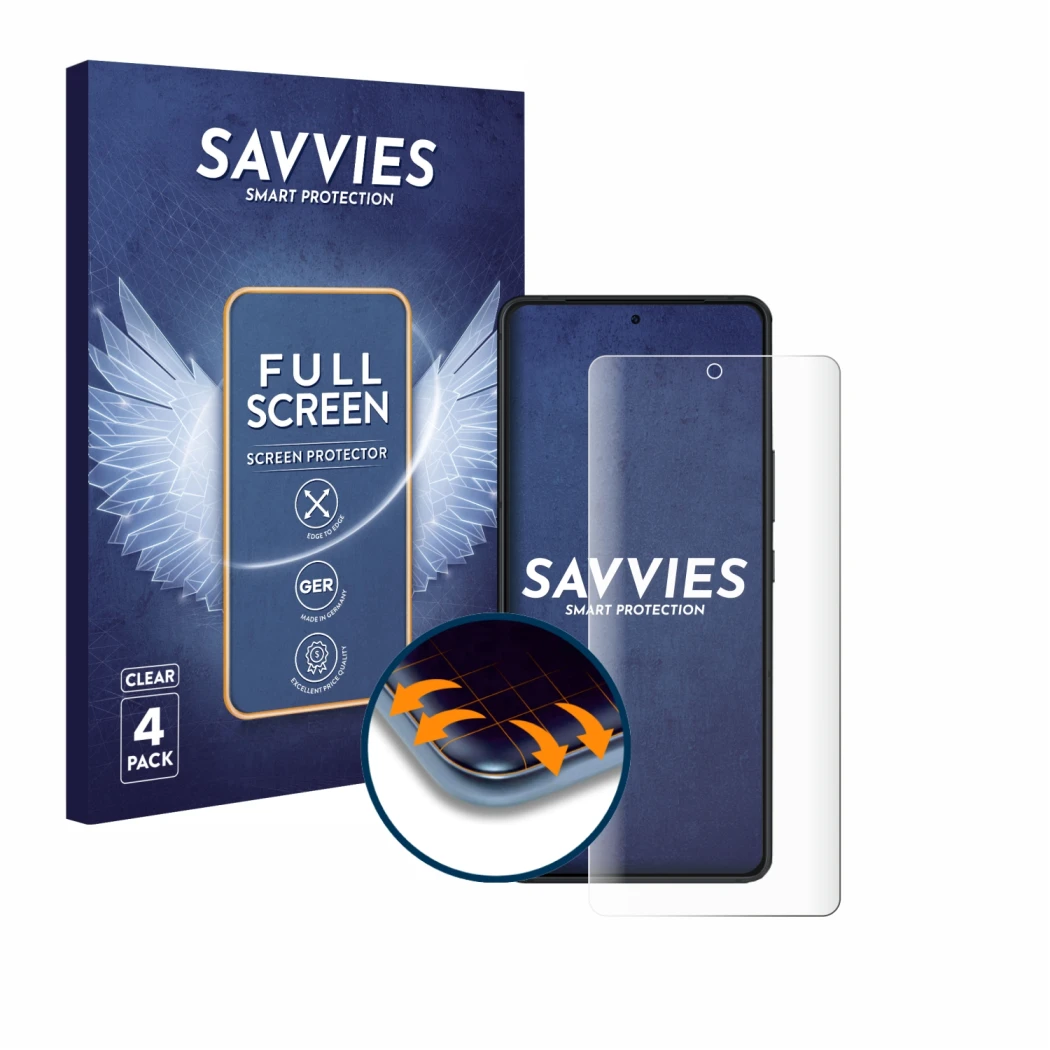 Face avant d’un emballage produit avec le logo de la marque Savvies. À côté, l’appareil ASUS ROG Phone 8 Pro Edition est repré