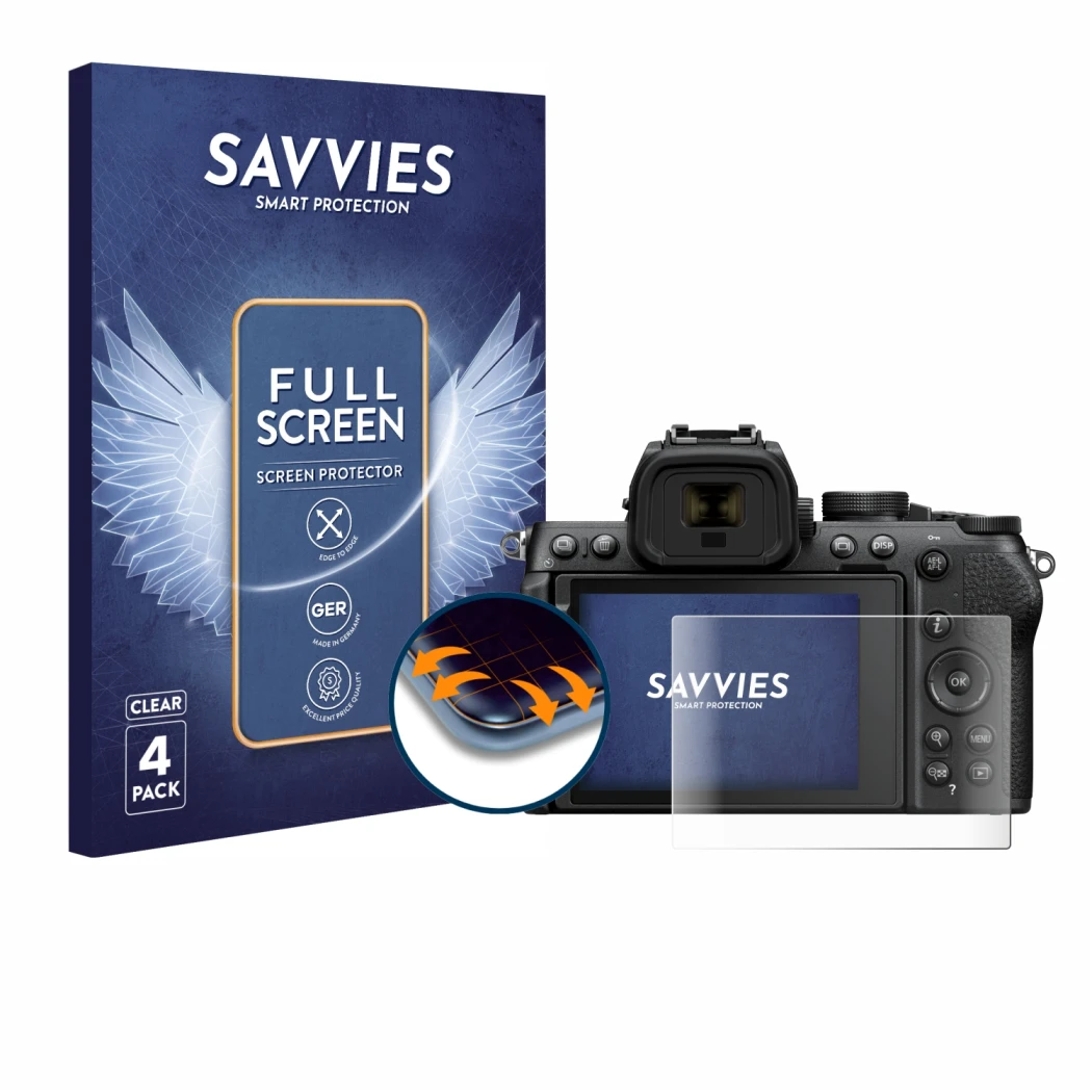 Face avant d’un emballage produit avec le logo de la marque Savvies. À côté, l’appareil Nikon Z50 II est représenté avec la pr