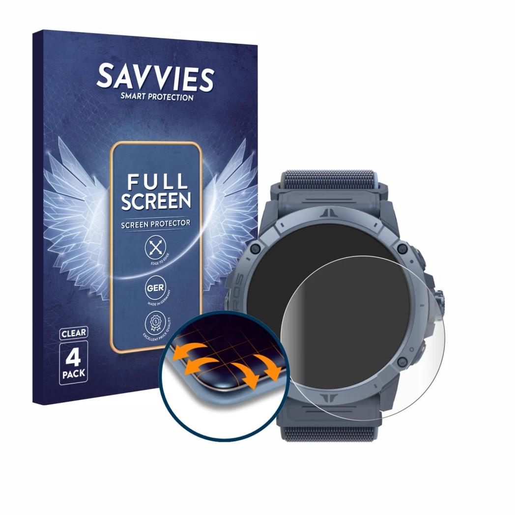 Face avant d’un emballage produit avec le logo de la marque Savvies. À côté, l’appareil Coros Vertix 2S est représenté avec la