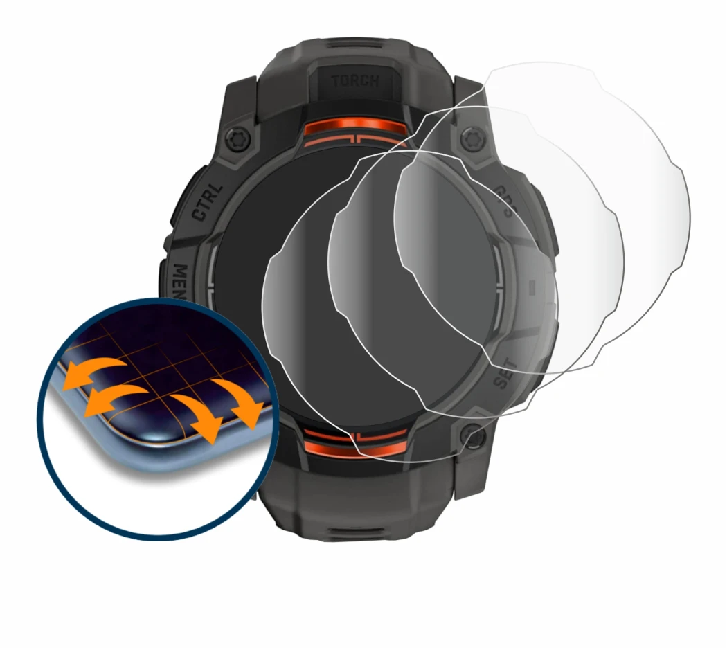 Image de l'appareil Garmin Instinct 3 Solar (50 mm) avec une grande variété de protections d'écran.