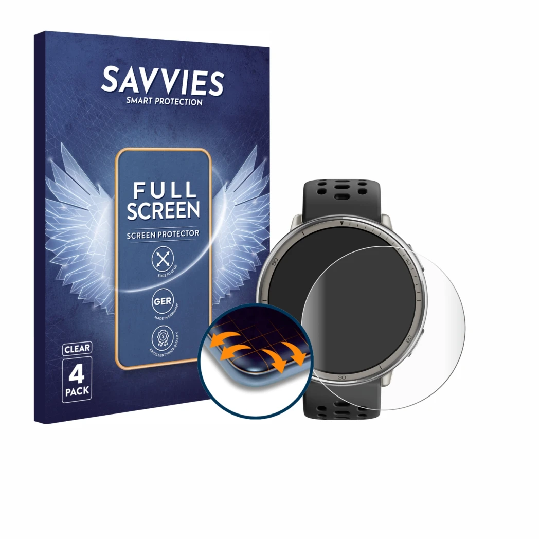 Face avant d’un emballage produit avec le logo de la marque Savvies. À côté, l’appareil Amazfit Active 2 est représenté avec l