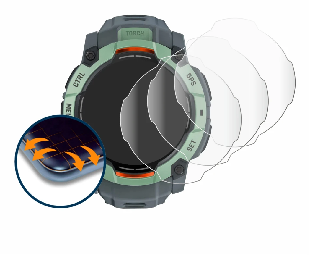 Image de l'appareil Garmin Instinct 3 AMOLED (45 mm) avec une grande variété de protections d'écran.