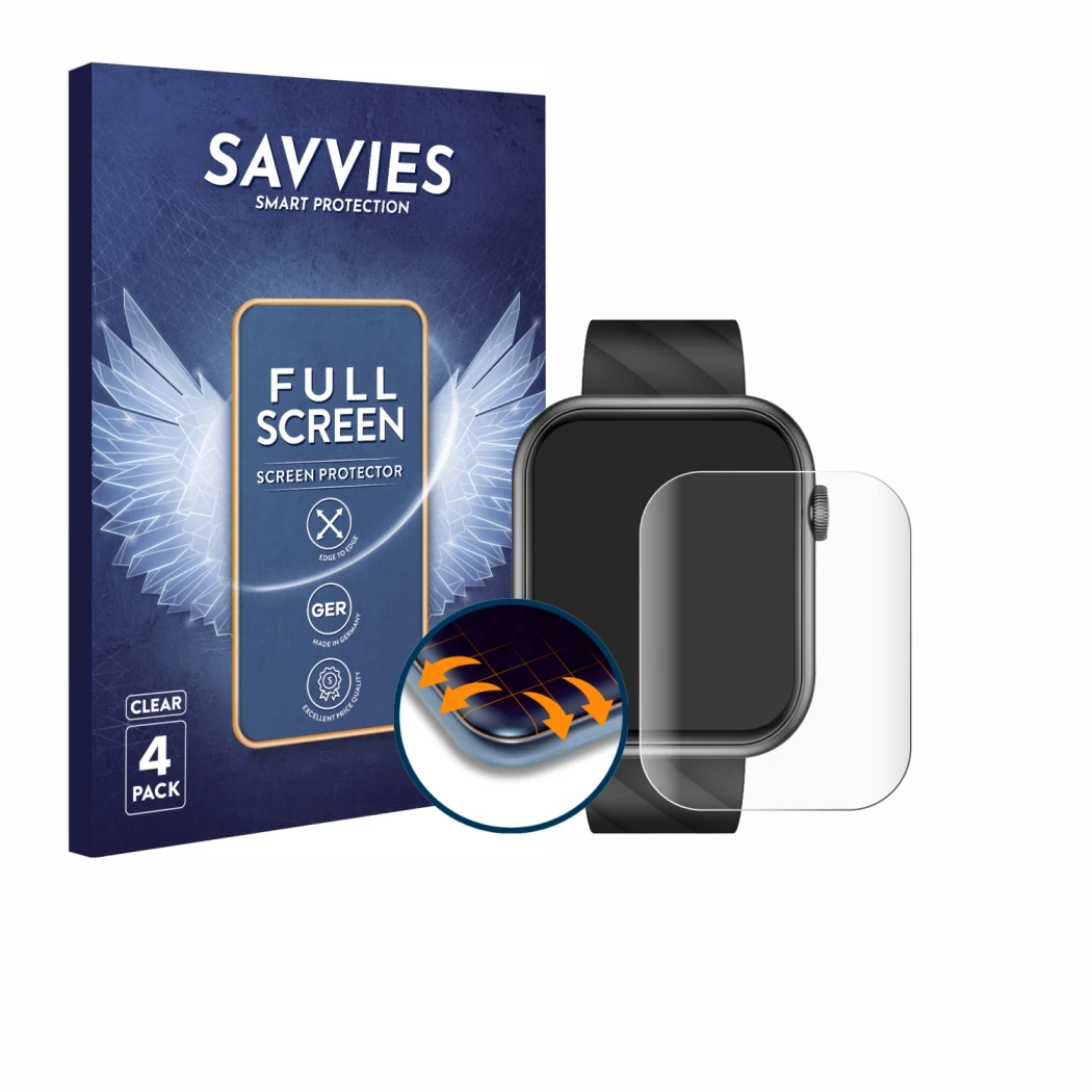Face avant d’un emballage produit avec le logo de la marque Savvies. À côté, l’appareil Braidol Smartwatch 1.96