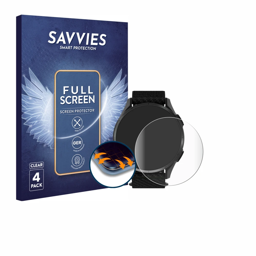 Face avant d’un emballage produit avec le logo de la marque Savvies. À côté, l’appareil Garmin Approach S50 est représenté ave