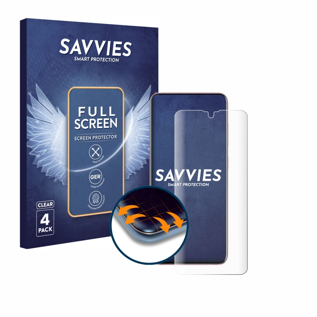 Face avant d’un emballage produit avec le logo de la marque Savvies. À côté, l’appareil Samsung Galaxy S20 5G (case-friendly) 