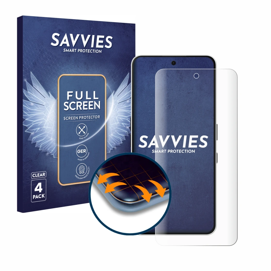 Face avant d’un emballage produit avec le logo de la marque Savvies. À côté, l’appareil Nothing Phone (3a) est représenté avec