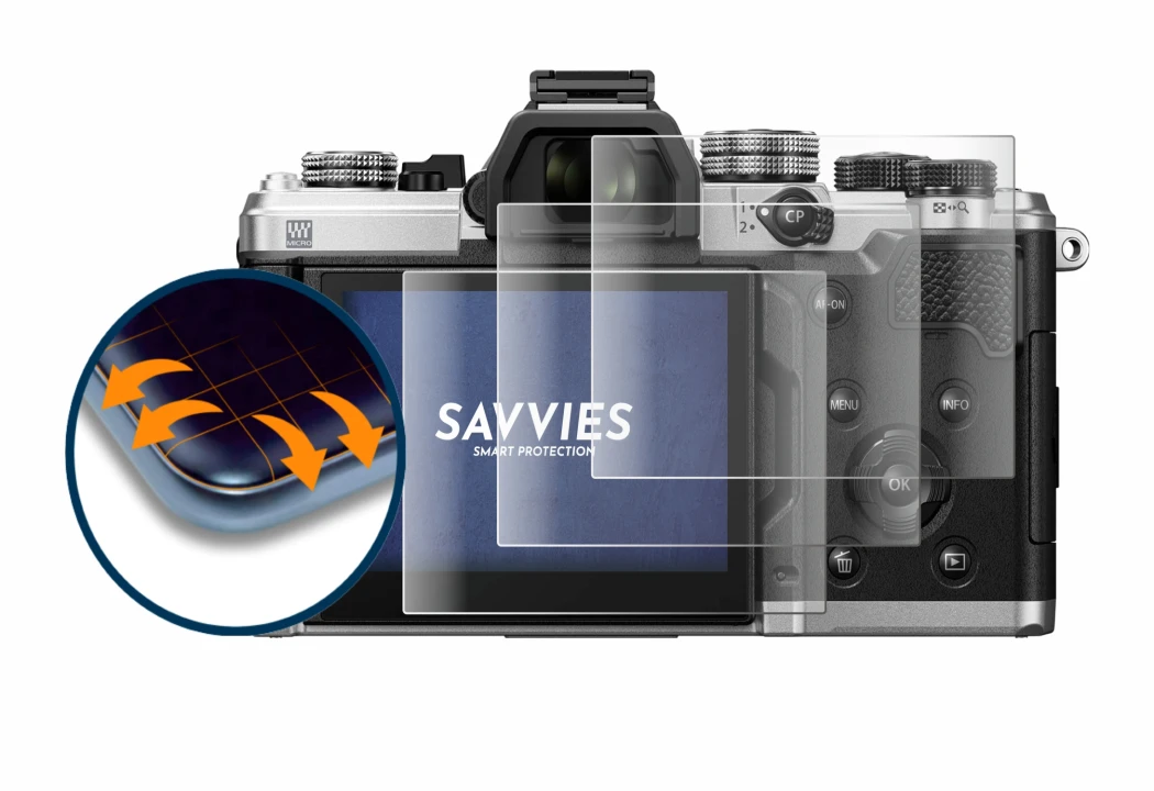 Image de l'appareil OM System OM-3 avec une grande variété de protections d'écran.