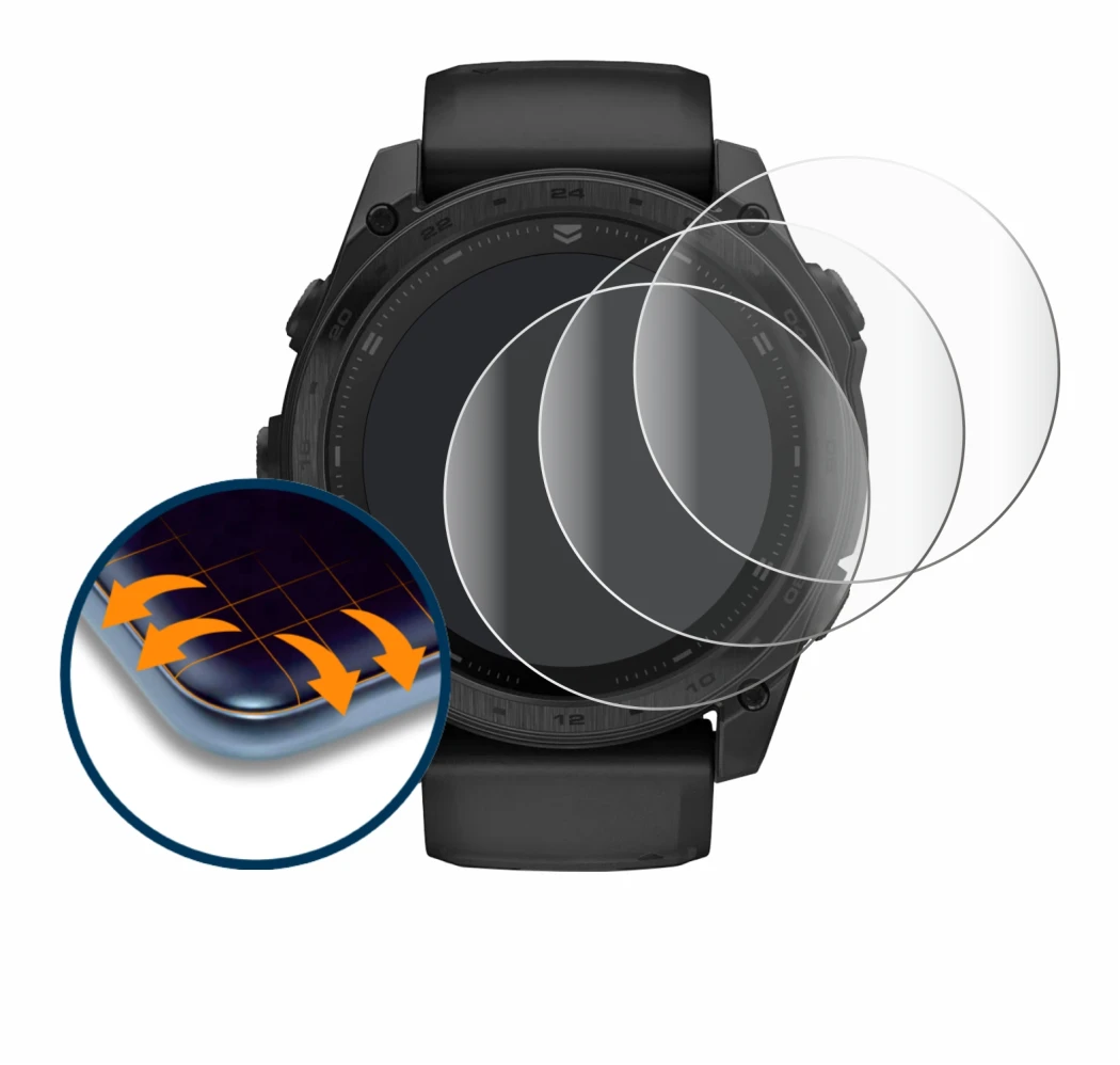 Image de l'appareil Garmin Tactix 8 AMOLED (51 mm) avec une grande variété de protections d'écran.