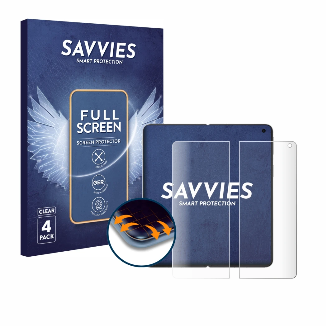 Face avant d’un emballage produit avec le logo de la marque Savvies. À côté, l’appareil Oppo Find N5 (Affichage interne) est r
