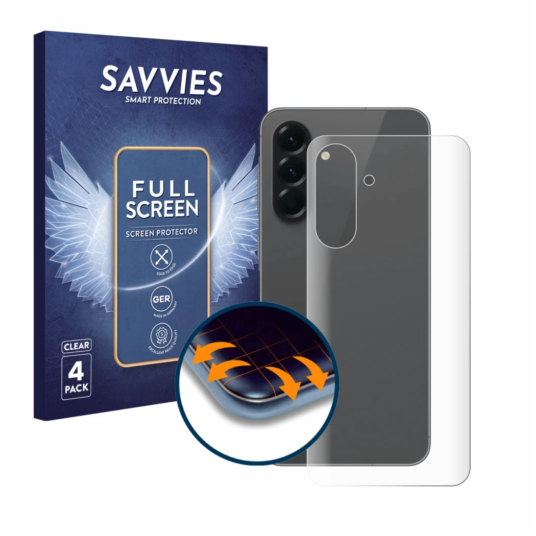 Face avant d’un emballage produit avec le logo de la marque Savvies. À côté, l’appareil Samsung Galaxy A56 5G (Arrière) est re
