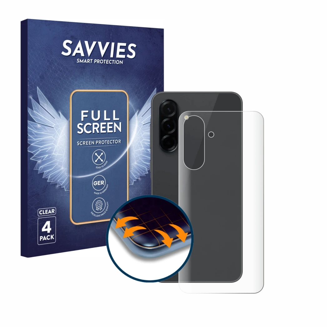 Face avant d’un emballage produit avec le logo de la marque Savvies. À côté, l’appareil Samsung Galaxy A36 5G (Arrière) est re