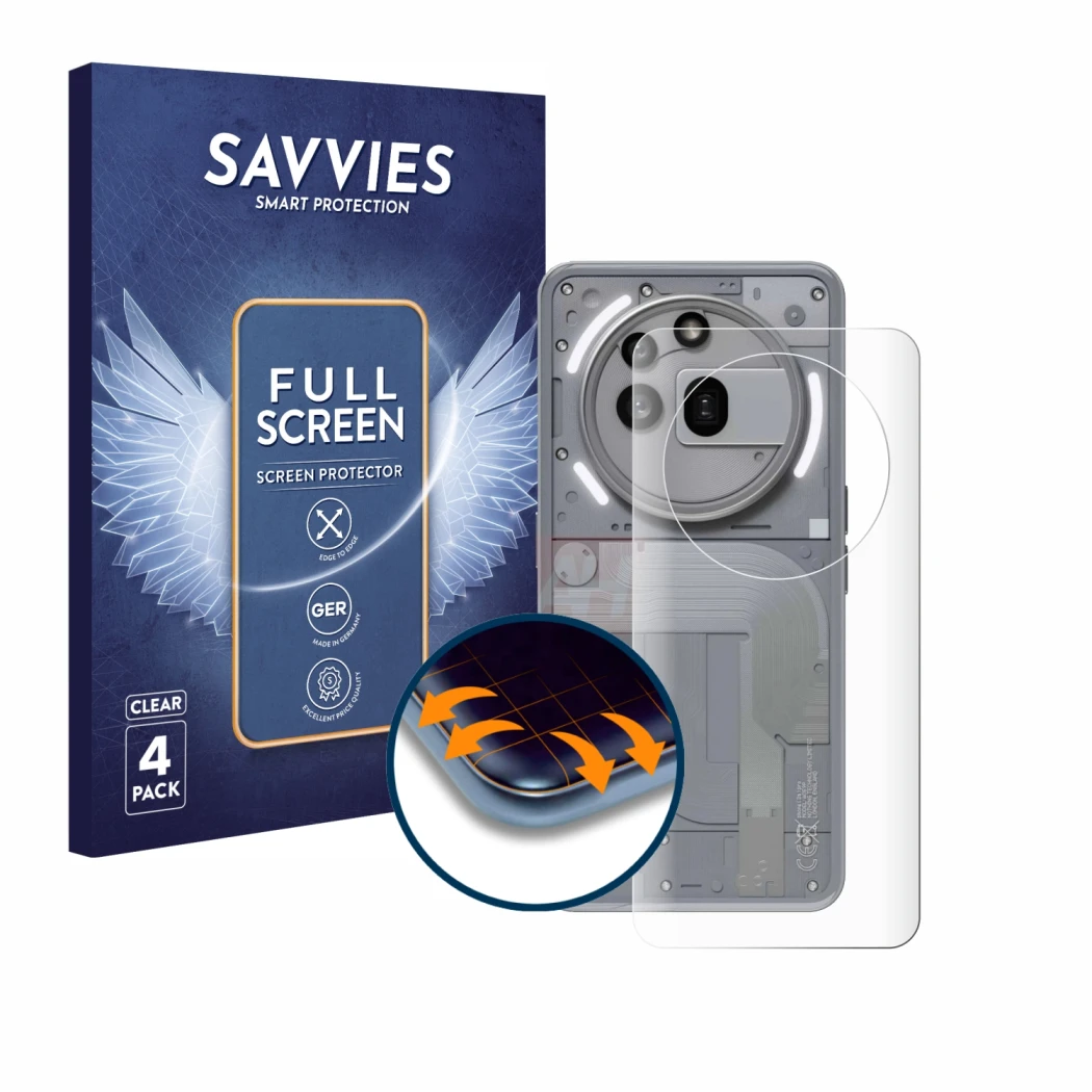 Face avant d’un emballage produit avec le logo de la marque Savvies. À côté, l’appareil Nothing Phone (3a) Pro (Arrière) est r