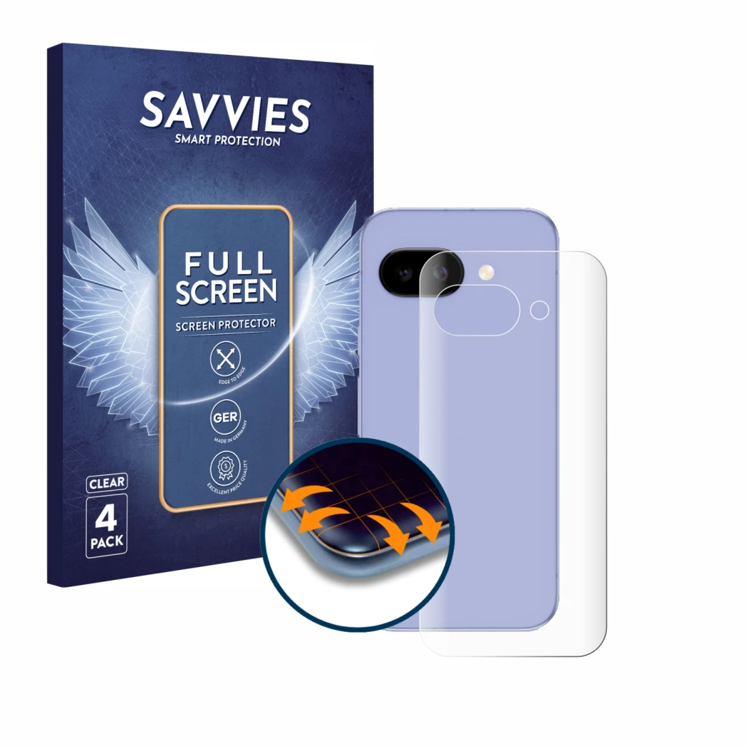Face avant d’un emballage produit avec le logo de la marque Savvies. À côté, l’appareil Google Pixel 9a (Arrière) est représen