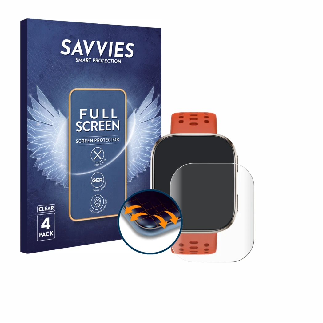 Face avant d’un emballage produit avec le logo de la marque Savvies. À côté, l’appareil Huami Amazfit Bip 6 est représenté ave