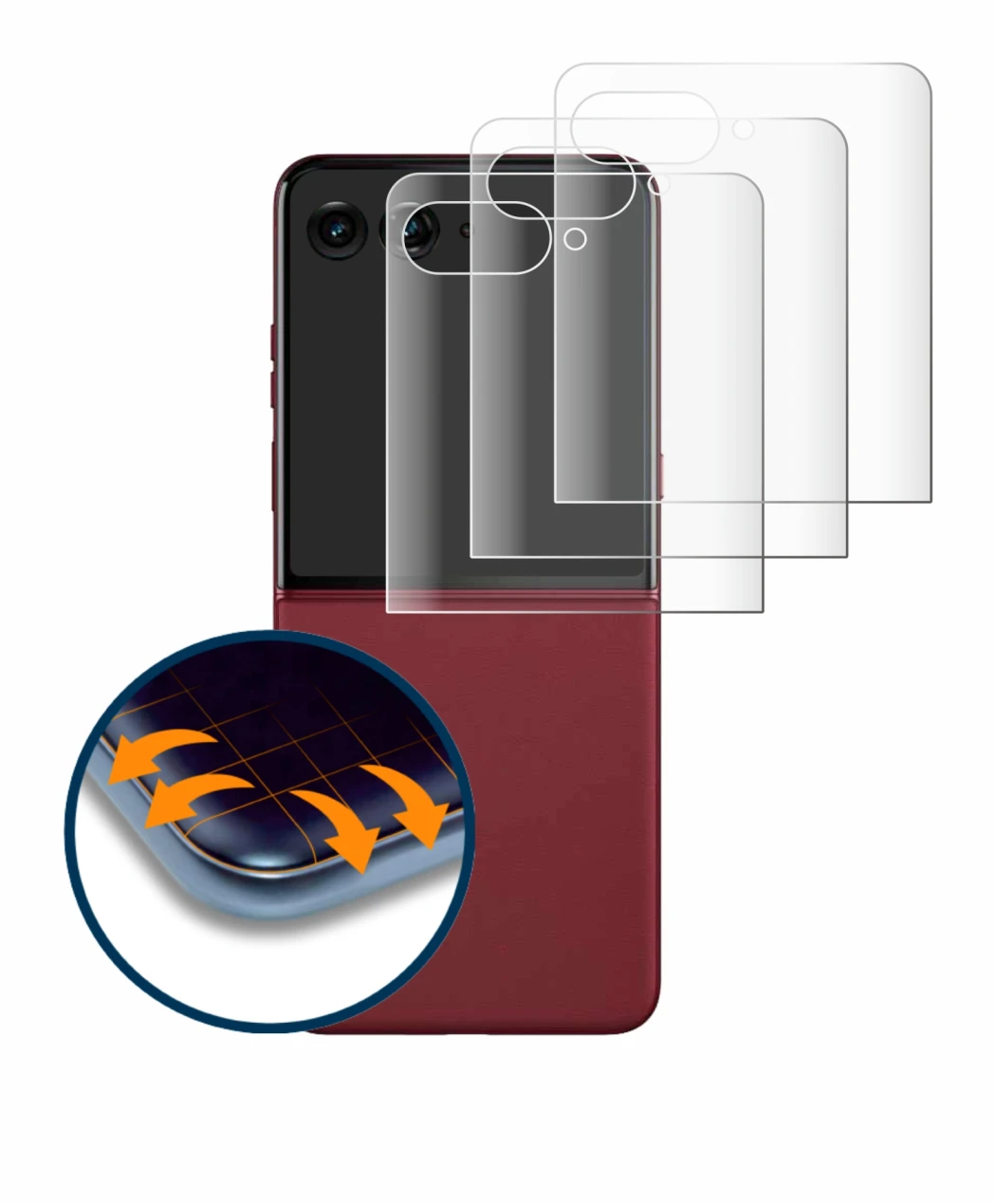 Image de l'appareil Motorola Razr 60 Ultra (Affichage arrière) avec une grande variété de protections d'écran.