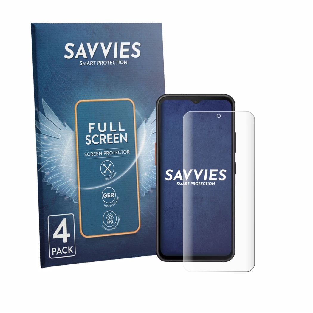 Face avant d’un emballage produit avec le logo de la marque Savvies. À côté, l’appareil Samsung Galaxy XCover 7 Enterprise Edi