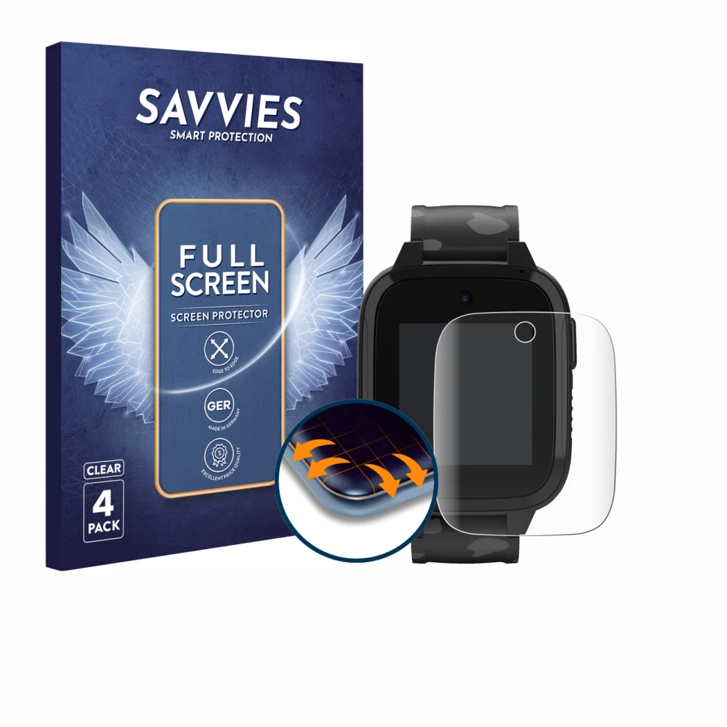 Face avant d’un emballage produit avec le logo de la marque Savvies. À côté, l’appareil Xplora XGO3 (2e Gen.) est représenté a