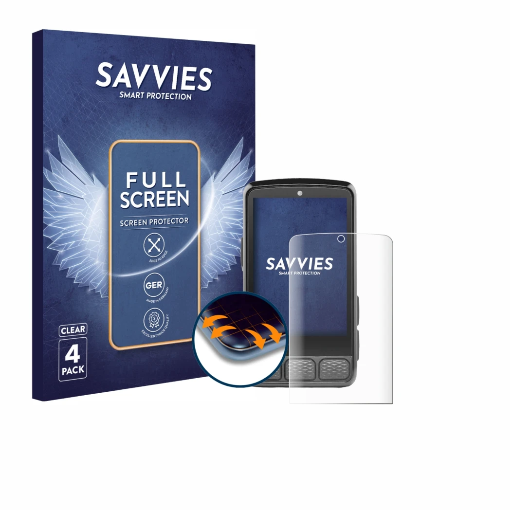 Face avant d’un emballage produit avec le logo de la marque Savvies. À côté, l’appareil Wahoo Elemnt Roam V3 est représenté av
