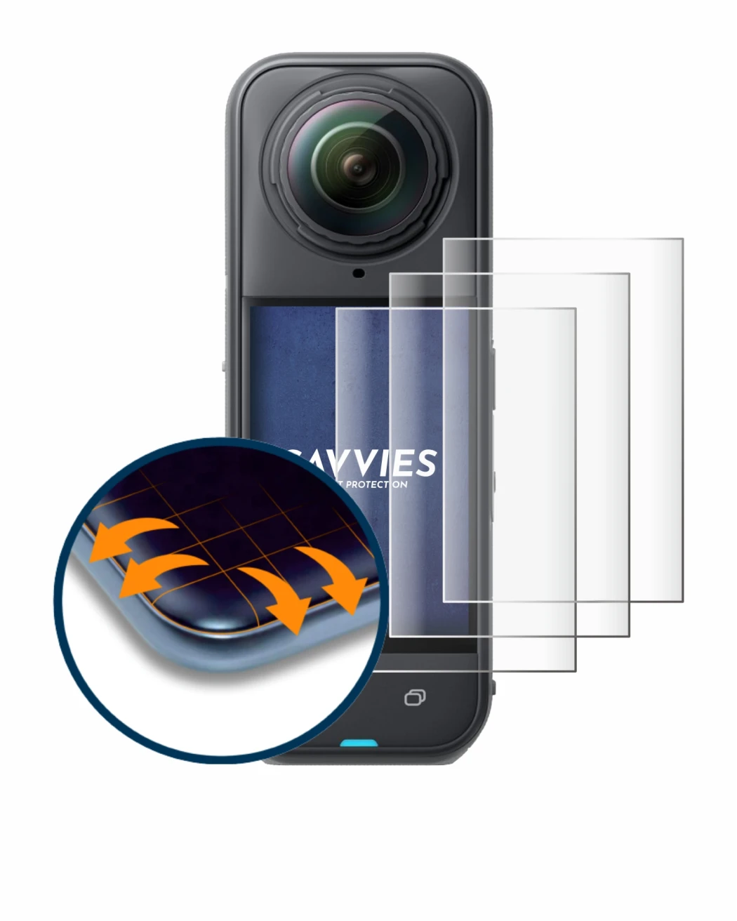 Image de l'appareil Insta360 X5 avec une grande variété de protections d'écran.