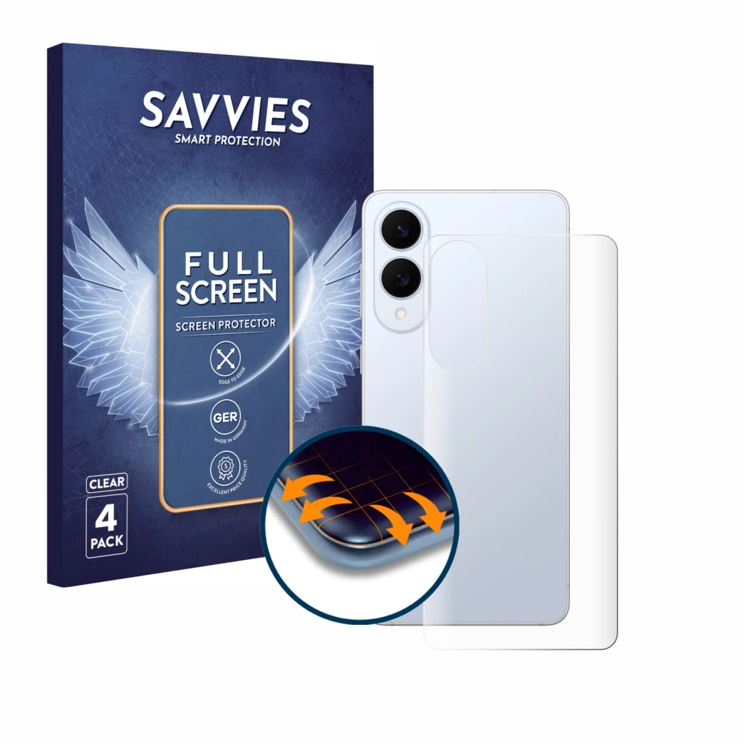 Face avant d’un emballage produit avec le logo de la marque Savvies. À côté, l’appareil Samsung Galaxy S25 Edge (Arrière) est 