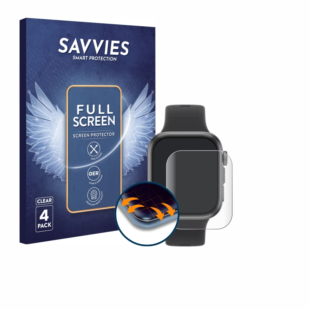 Face avant d’un emballage produit avec le logo de la marque Savvies. À côté, l’appareil Huawei Watch Fit 4 est représenté avec