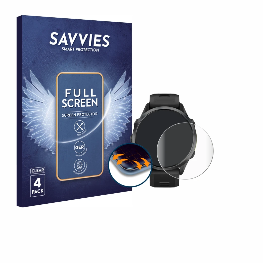 Face avant d’un emballage produit avec le logo de la marque Savvies. À côté, l’appareil Garmin Forerunner 970 est représenté a