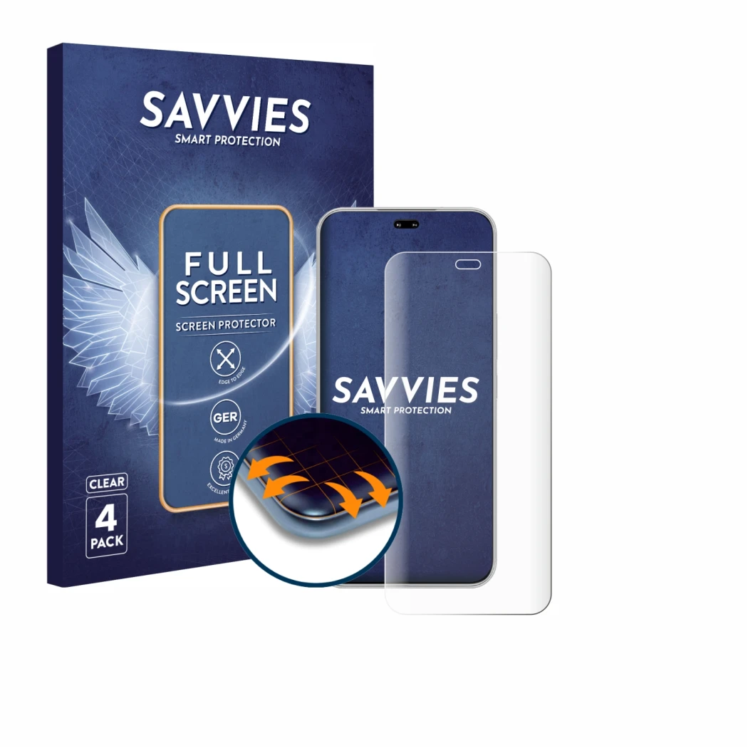 Face avant d’un emballage produit avec le logo de la marque Savvies. À côté, l’appareil Honor 400 Pro est représenté avec la p