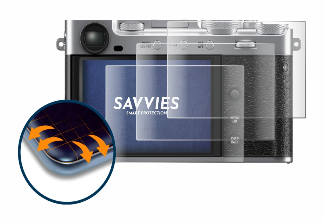 Image de l'appareil Fujifilm X-E5 avec une grande variété de protections d'écran.