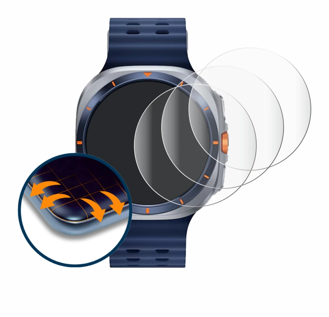 Image de l'appareil Samsung Galaxy Watch Ultra 2 (47 mm) avec une grande variété de protections d'écran.