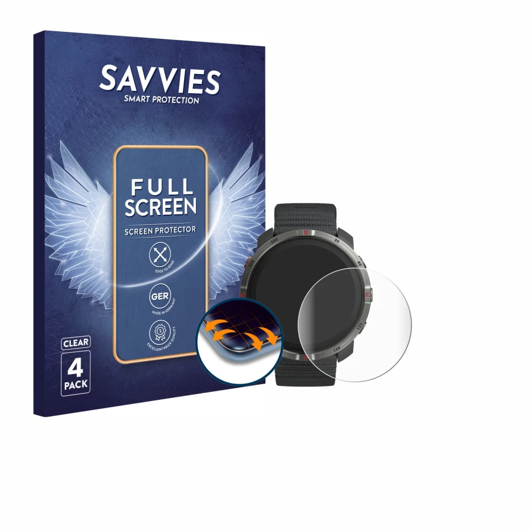 Face avant d’un emballage produit avec le logo de la marque Savvies. À côté, l’appareil Polar Grit X2 est représenté avec la p