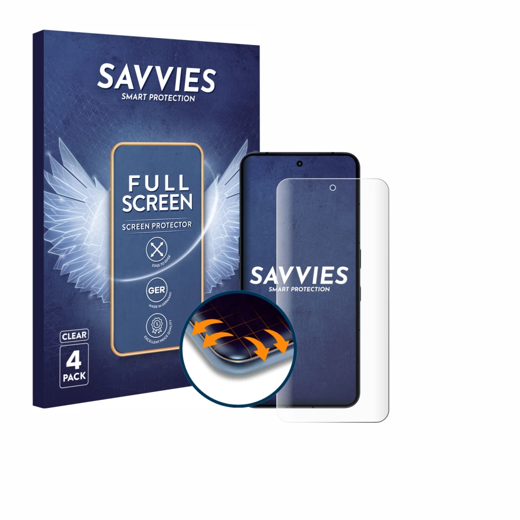 Face avant d’un emballage produit avec le logo de la marque Savvies. À côté, l’appareil Nothing Phone (3) est représenté avec 