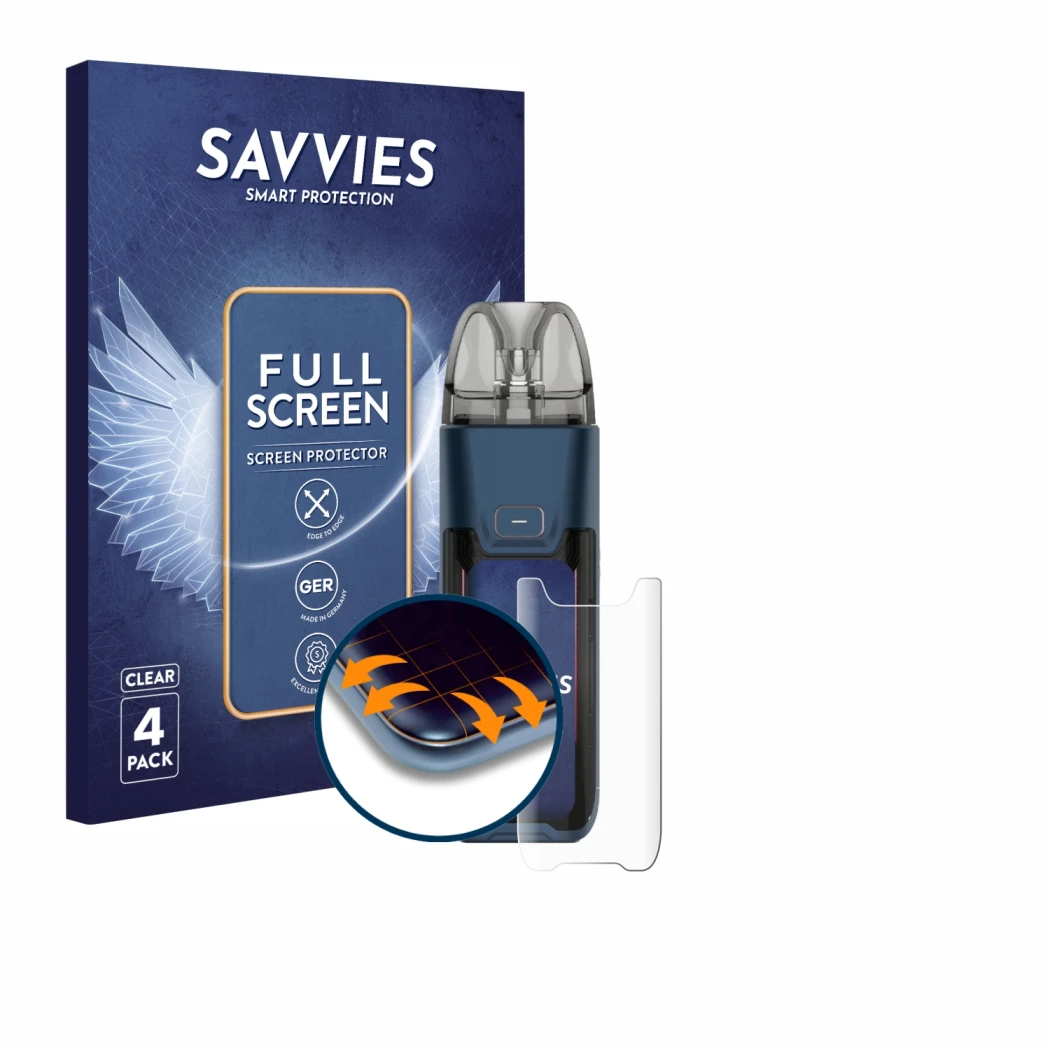 Face avant d’un emballage produit avec le logo de la marque Savvies. À côté, l’appareil Vaporesso Luxe XR Max 2 est représenté