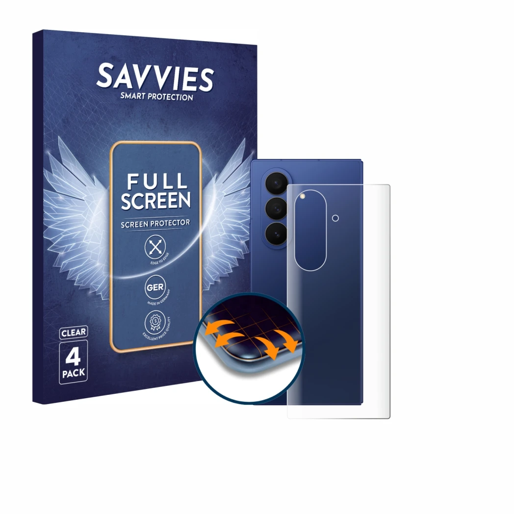 Face avant d’un emballage produit avec le logo de la marque Savvies. À côté, l’appareil Samsung Galaxy Z Fold 7 (Arrière) est 