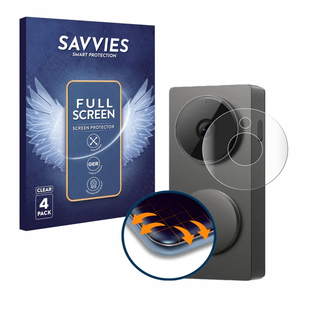 Face avant d’un emballage produit avec le logo de la marque Savvies. À côté, l’appareil Aqara Hub G410 est représenté avec la 